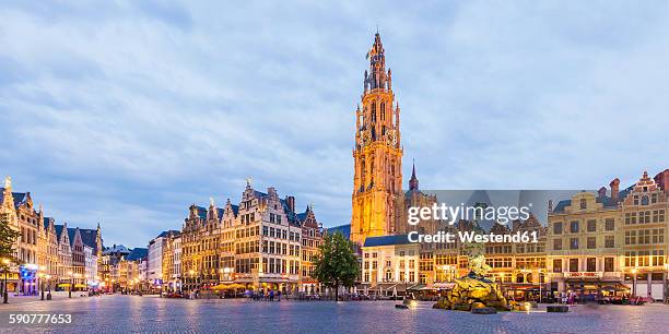belgium, flanders, antwerp, great market square, guildhalls and church of our lady - antwerpen belgien bildbanksfoton och bilder