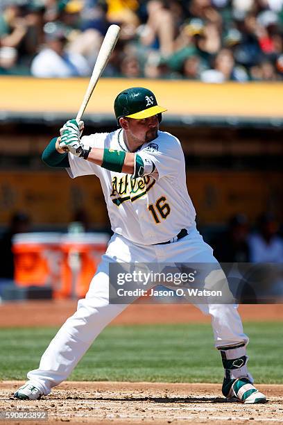 Billy Butler of the Oakland Athletics at bat against the Seattle Mariners during the second inning at the Oakland Coliseum on August 14, 2016 in...