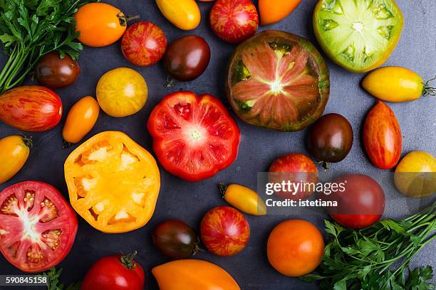 colorful ripe heirloom tomatoes over gray table viewed from above - colorful vegetables summer stock-fotos und bilder