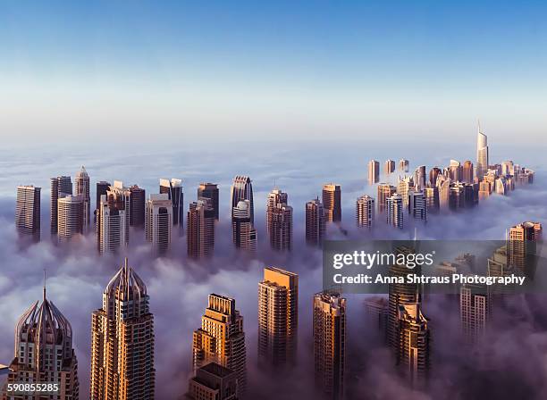 blue foggy morning in dubai - dubai skyscraper stock pictures, royalty-free photos & images
