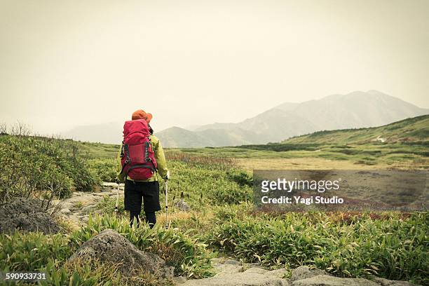 woman hiking up mountain /japan mt.hakusan - hakusan stock pictures, royalty-free photos & images