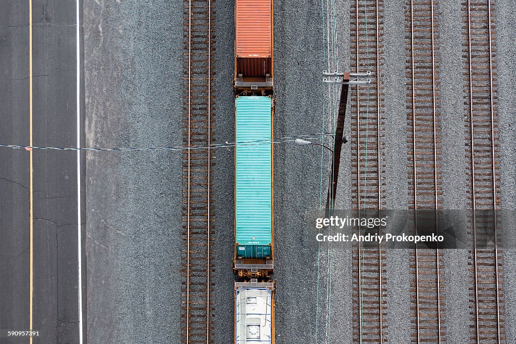 Train Tracks And Freight Cars From Above