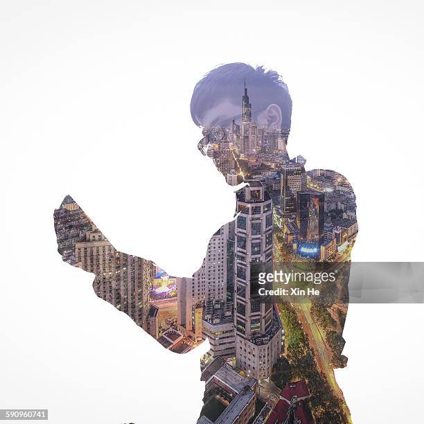 double exposure portrait - young man asian silhouette stock pictures, royalty-free photos & images