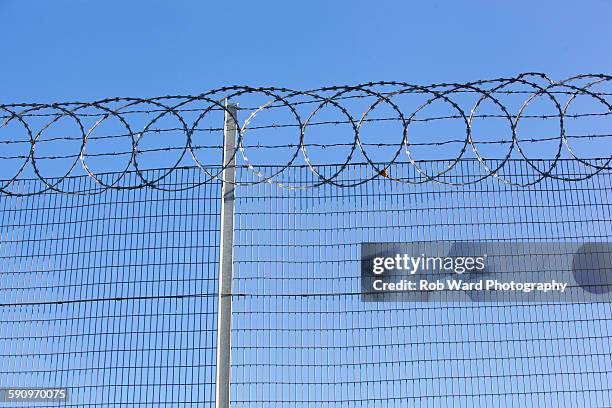 razor wire topped fence - uk prison stock-fotos und bilder