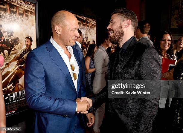 Actors Jarreth Merz and Toby Kebbell arrive at the premiere of Paramount Pictures' "Ben-Hur" at the Chinese Theatre on August 16, 2016 in Los...