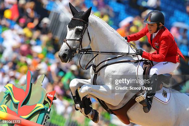 Meredith MICHAELS BEERBAUM . FIBONACCI during the Jumping Team Final on Day 11 of the Rio 2016 Olympic Games at Olympic Equestrian Centre on August...