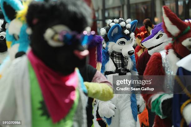 Participants, or furries, as they prefer to be called, mingle upon their arrival at the Estrel Hotel for the 2016 Eurofurence furries gathering on...