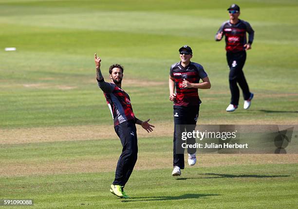 Peter Trego of Somerset celebrates the wicket of Ross Whiteley of Worcestershire during the Royal London One-Day Cup Quarter Final between Somerset...