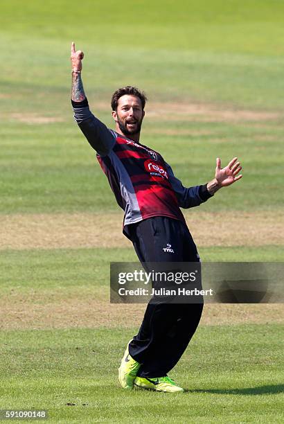 Peter Trego of Somerset celebrates the wicket of Ross Whiteley of Worcestershire during the Royal London One-Day Cup Quarter Final between Somerset...