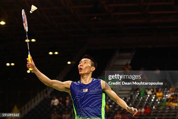 Chong Wei Lee of Malaysia competes against Tien Chen Chou of Chinese Taipei during the Men's Singles Quarterfinal Badminton match Day 12 of the Rio...