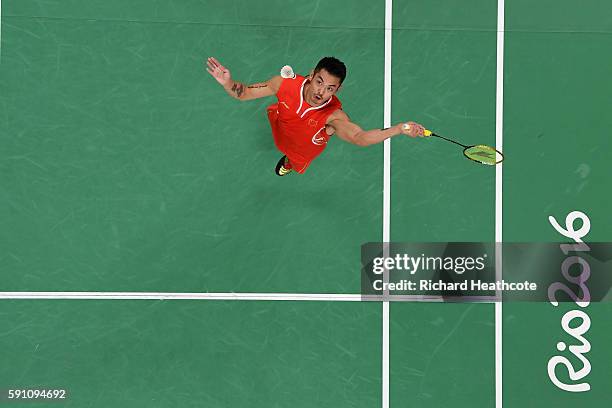 Dan Lin of China competes against Srikanth Kidambi of India during the Men's Singles Quarterfinal Badminton match Day 12 of the Rio 2016 Olympic...