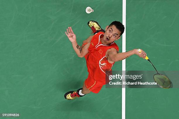 Dan Lin of China competes against Srikanth Kidambi of India during the Men's Singles Quarterfinal Badminton match Day 12 of the Rio 2016 Olympic...