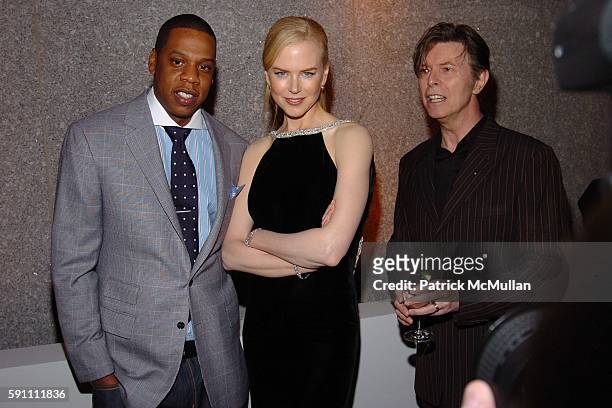 Jay Z, Nicole Kidman and David Bowie attend Vanity Fair hosts their Tribeca Film Festival dinner at The State Supreme Courthouse on April 20, 2005 in...