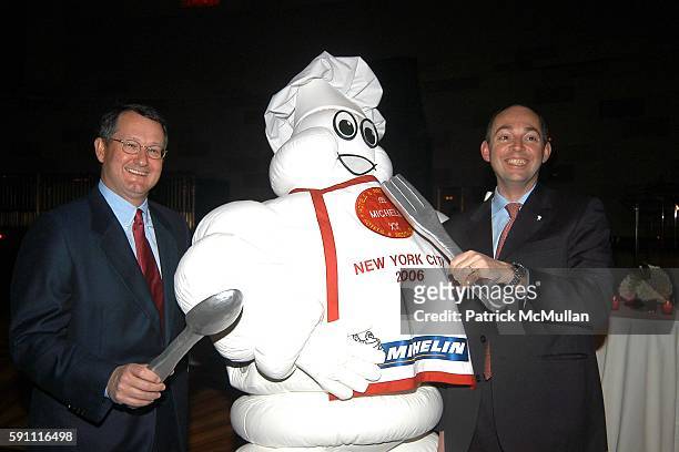 Jim Micali, Bibendum and Edouard Michelin attend Michelin Guide Celebrates the Announcement of the Launch of Michelin Guide to New York City at...