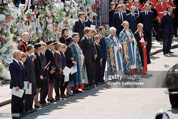 The funeral of Diana, Princess of Wales at Westminster Abbey in London, 6th September 1997. The line-up of family members as the coffin leaves the...