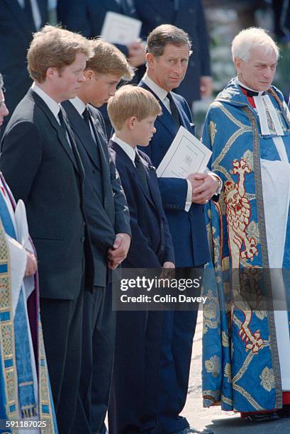The funeral of Diana, Princess of Wales at Westminster Abbey in London, 6th September 1997. From left to right, Earl Spencer, Prince William, Prince...