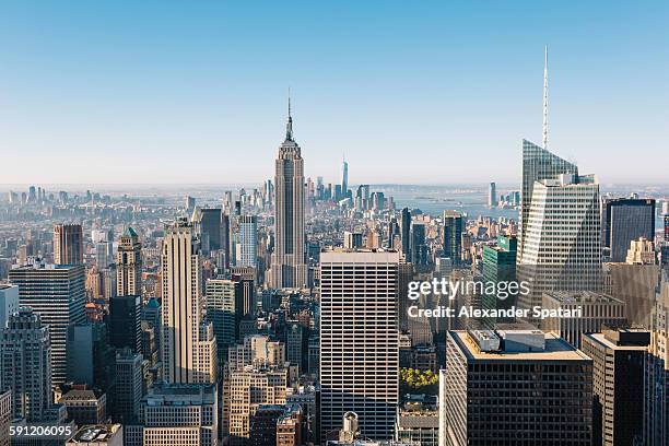 aerial view of manhattan in the morning, new york - midtown manhattan stockfoto's en -beelden