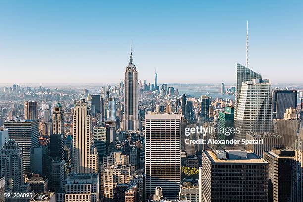 aerial view of manhattan in the morning, new york - aerial view of mid town manhattan new york stock pictures, royalty-free photos & images