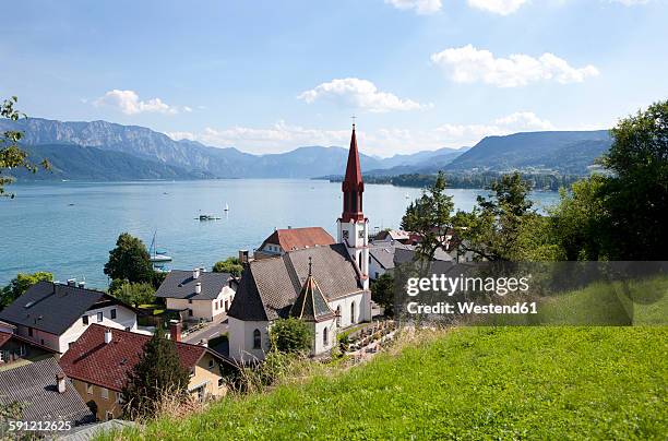 austria, upper austria, view of attersee at lake attersee - attersee stock pictures, royalty-free photos & images
