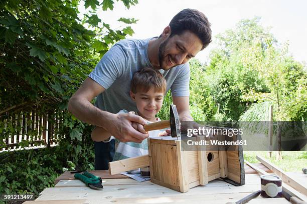 father and son timbering a birdhouse - craft diy ストックフォトと画像