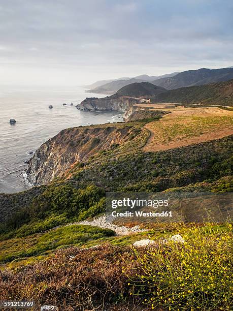 usa, california, pacific coast, national scenic byway, big sur, coastline with bixby bridge at sunset - pont de bixby photos et images de collection