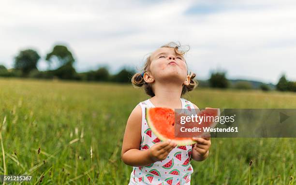 little girl eating watermelon on a meadow - üppig allgemein beschreibender begriff stock-fotos und bilder