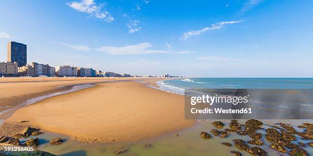 belgium, flanders, ostende, north sea seaside resort, panorama of beach - oostende fotografías e imágenes de stock