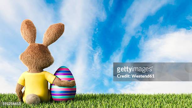 ilustraciones, imágenes clip art, dibujos animados e iconos de stock de easter bunny sitting on grass with arm around easter egg - personaje 3d