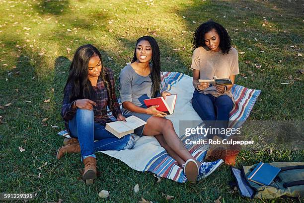 college students studying in a park - mujer leyendo libro en el parque fotografías e imágenes de stock