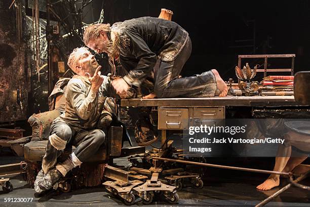 French artist James Thierree and Swedish actor Magnus Jakobsson, both of the La Compagnie du Hanneton, perform in the final dress rehearsal of 'Tabac...