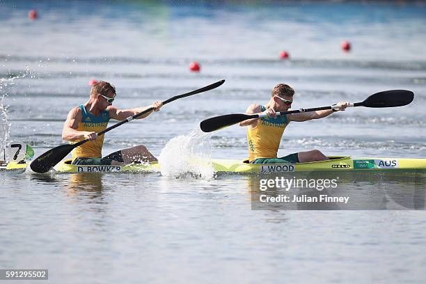 Daniel Bowker and Jordan Wood of Australia compete in the Men's Kayak Double 200m Heat 2 during Day 12 of the Rio 2016 Olympic Games at Lagoa Stadium...