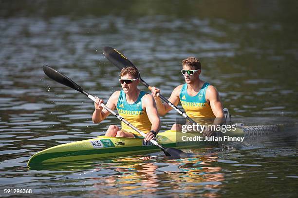 Daniel Bowker and Jordan Wood of Australia react after competing in the Men's Kayak Double 200m Heat 2 during Day 12 of the Rio 2016 Olympic Games at...
