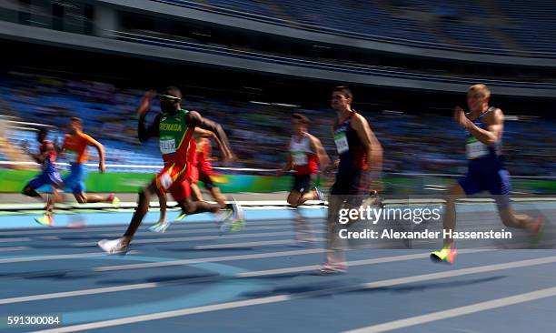 View of competitors during the Men's Decathlon 100m - Heat 1 on Day 12 of the Rio 2016 Olympic Games at the Olympic Stadium on August 17, 2016 in Rio...