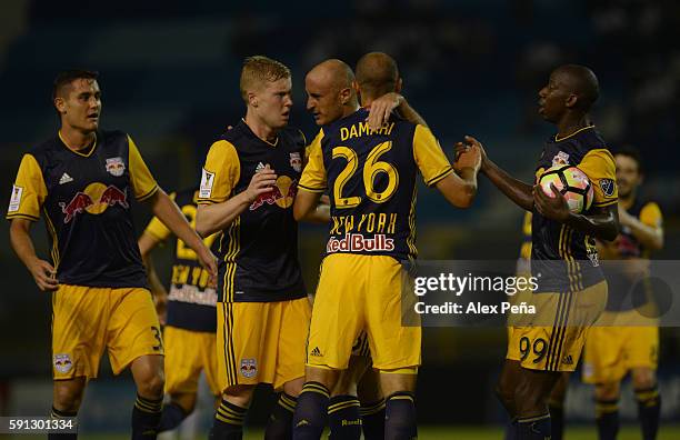 Omer Damari of Red Bulls celebrates with teammates after scoring a goal during a match between Red Bulls and Alianza as part of Liga de Campeones...