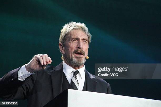 John McAfee makes speech during the China Internet Security Conference on August 16, 2016 in Beijing, China. The conference held in the National...