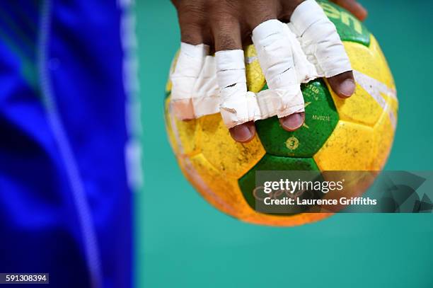 Detailed view of a ball is displayed during the Men's Quarterfinal Handball contest at Future Arena on Day 12 of the Rio 2016 Olympic Games on August...