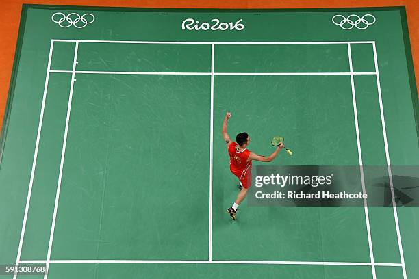 Dan Lin of China celebrates after defeating Srikanth Kidambi of India during the Men's Singles Quarterfinal Badminton match Day 12 of the Rio 2016...