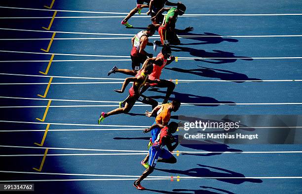 View of competitors during the Men's Decathlon 100m - Heat 1 on Day 12 of the Rio 2016 Olympic Games at the Olympic Stadium on August 17, 2016 in Rio...