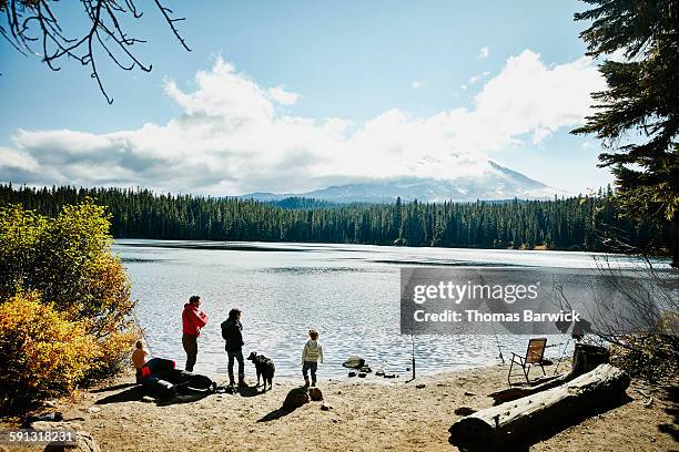family playing and fishing on shoreline of lake - fishing ストックフォトと画像