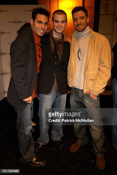 Eric Caldwell, David Gallagher and JC Chasez attend Joseph Abboud Fall 2005 Mens Line at Bryant Park Plaza on February 4, 2005 in New York City.