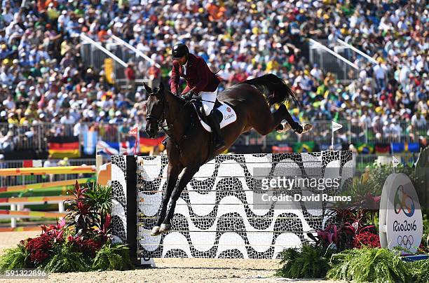 Ali Yousef Al Rumaihi of Qatar rides Gunder during the Individual Jumping 3rd Qualifier during Day 12 of the Rio 2016 Olympic Games at the Olympic...