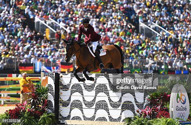 Sheikh Ali Al Thani of Qatar rides First Devision during the Individual Jumping 3rd Qualifier during Day 12 of the Rio 2016 Olympic Games at the...