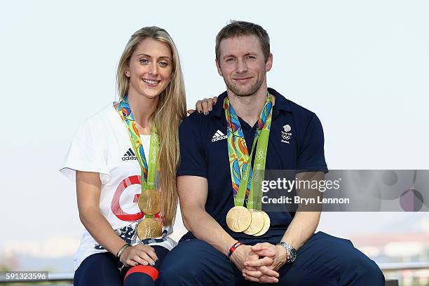 Team GB cyclists Laura Trott and Jason Kenny pose with their gold medals at Adidas House on August 17, 2016 in Rio de Janeiro, Brazil.