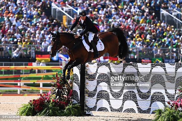 Nick Skelton of Great Britain rides Big Star during the Individual Jumping 3rd Qualifier during Day 12 of the Rio 2016 Olympic Games at the Olympic...