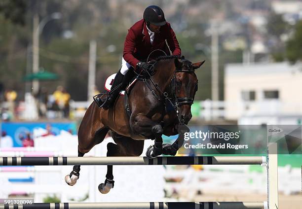 Ali Yousef Al Rumaihi of Qatar rides Gunder during the Individual Jumping 3rd Qualifier during Day 12 of the Rio 2016 Olympic Games at the Olympic...