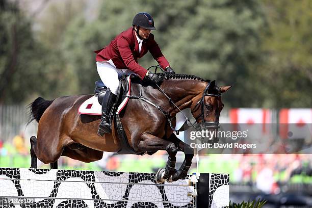 Ali Yousef Al Rumaihi of Qatar rides Gunder during the Individual Jumping 3rd Qualifier during Day 12 of the Rio 2016 Olympic Games at the Olympic...