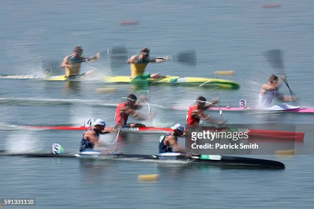Canoeists compete in the Canoe Sprint Men's Kayak Double 200m semifinal 1 during Day 12 of the Rio 2016 Olympic Games at Lagoa Stadium on August 17,...