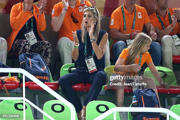 Queen Maxima of the Netherlands cheers for Epke Zonderland of the Netherlands competing in the Men's Horizontal Bar final on day 11 of the Rio 2016...