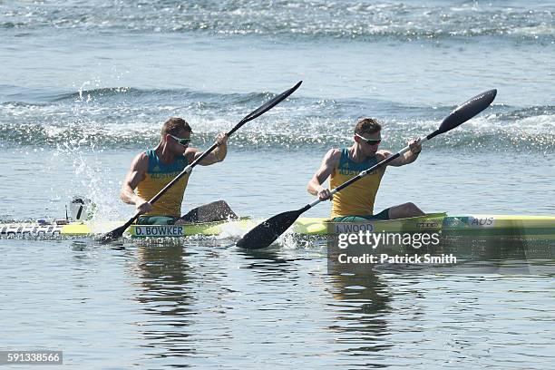 Daniel Bowker and Jordan Wood of Australia compete in the Men's Kayak Double 200m Heat 2 during Day 12 of the Rio 2016 Olympic Games at Lagoa Stadium...