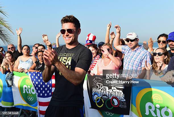 Zac Efron makes an appearance on the Today show set on Copacabana Beach on August 17, 2016 in Rio de Janeiro, Brazil.